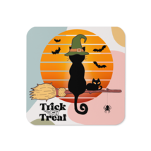 Cork-back coaster | Trick or Traeat Black Cat Wearing Green Hat - £8.83 GBP