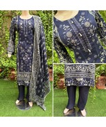 Pakistani Navy Blue Printed Straight Shirt 3-PCS Lawn Suit w/ Threadwork... - $864.18 MXN
