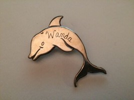 Silver-tone Dolphin hat tie tack lapel Brooch Pin engraved w/ name Wanda - £11.38 GBP
