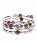 Ethnic Style Flower Natural Stone Tiger Eye Handmade Bangle - $200.07 MXN