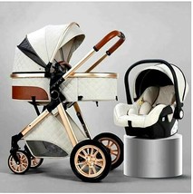 Luxury 3in1 Sandy White Eggshell Folding Reclining Baby Stroller Carriage Set - £275.51 GBP