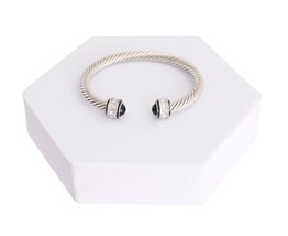 Black Pearl Rhinestone Classic Silver Twisted Cable Bangle Fashion Bracelet - £23.31 GBP