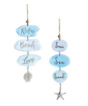 Nautical 3 Tiered Hanging Ornaments Set 2 Blue Coral Pendants Rope Resin Beach