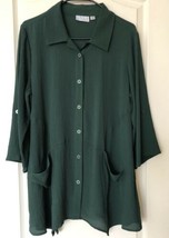 Joan Rivers Size M Button Down Dark Green Tunic Blouse, Rollup 3/4 Sleeves - £28.02 GBP