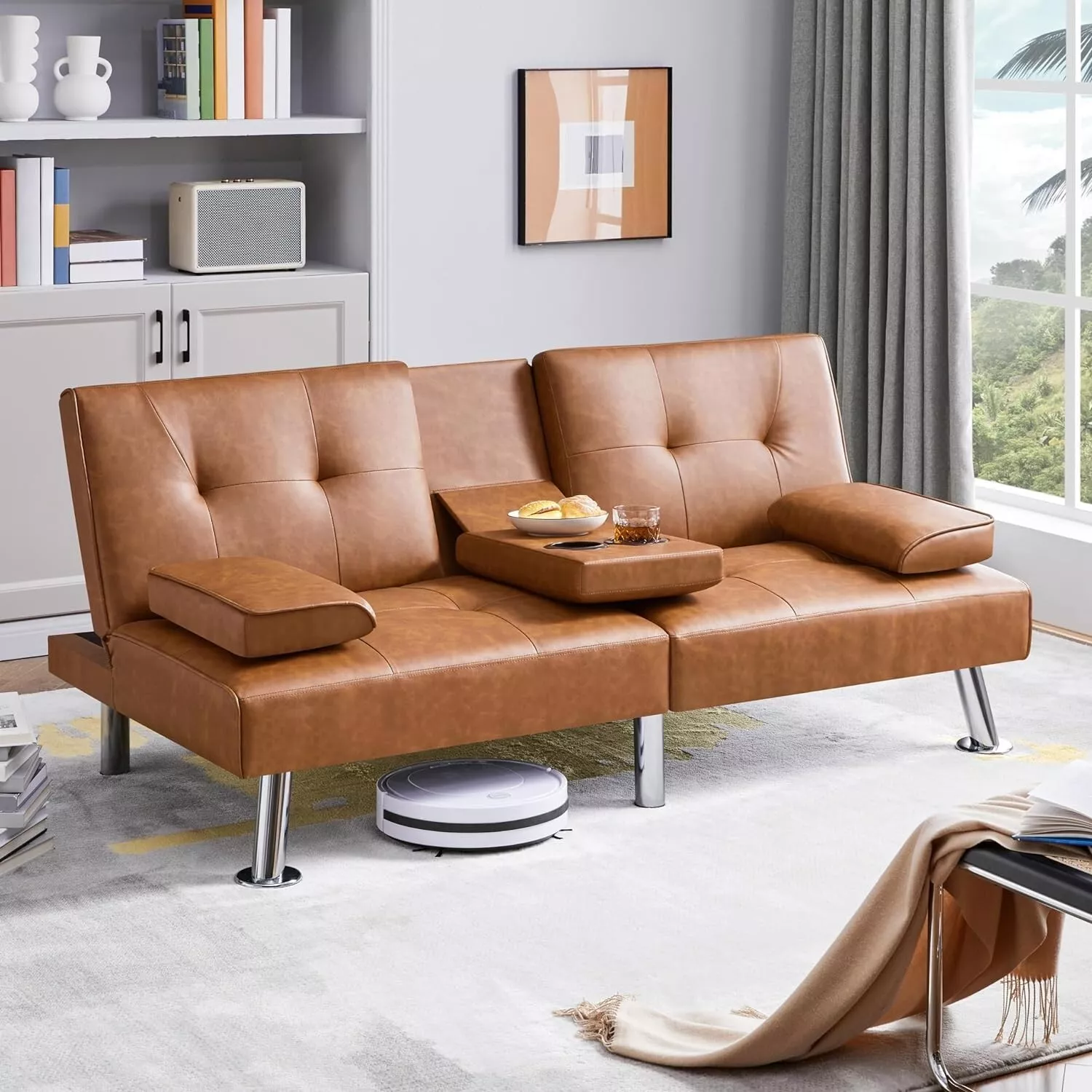 Tan Faux Leather Futon Sleeper Sofa Bed: Modern Recliner Couch with Cuph... - $264.43 CAD