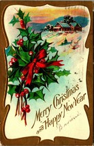 Holly Bunch Cabin Merry Christmas Happy New Year Embossed Gilt DB Postcard C4 - £8.47 GBP