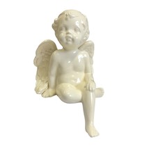 Angel Cherub Figure Shelf Sitter Hand Knee Wings 6in Tall Off White Signed VTG - £31.57 GBP
