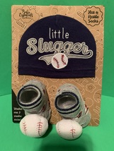 NWT - Baby Essentials &quot;Little Slugger&quot; Baseball Themed Hat &amp; Rattle Socks  - £10.94 GBP