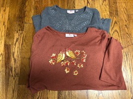 Set of 2 Quaker Factory L/S Tops Rinestones Owls 1X - $46.00