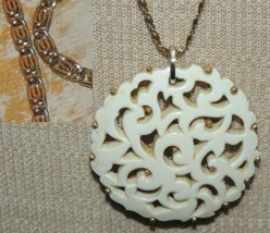 Monet Necklace 28-29" Etruscan Greek chain gold tone with White Brooch pendant - $17.99