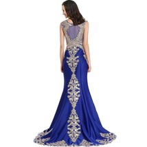 Gold Lace Embroidery Beaded Mermaid Long Sheer Formal Prom Evening Dresses Royal - £102.05 GBP