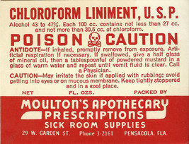 Vintage Pharmacy Label CHLOROFORM LINIMENT Moultons Apothecary Pensacola... - $33.75