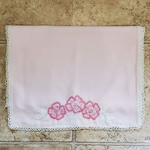 Vintage Table Runner Embroidery Crochet 40x16 Inch Pink Flowers w/ White... - $4.50