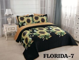 Florida Sunflowers Velvet Texture Bedspread Quilted Set 6 Pcs Queen Size - £51.27 GBP