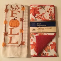 2 pc dish drying mat towel leaf pumpkin autumn Hello Fall orange - £7.90 GBP