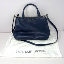 Michael Kors Florence Satchel Bag Zip top Gold Accents Navy Blue Leather... - $49.45