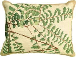 Throw Pillow Needlepoint Fern 16x20 20x16 Green Wool Cotton Velvet Back Down - £238.96 GBP