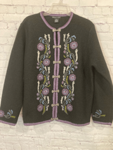 Eagles Eye Womens Large 100% Wool Embroidered Cardigan Sweater Black Purple - £25.28 GBP