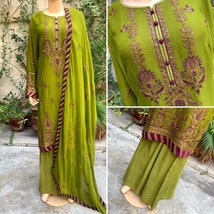 Pakistani Lime Green Straight Style Embroidered Sequins 3pcs Chiffon Dress,M - £79.80 GBP