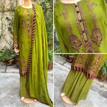 Pakistani Lime Green Straight Style Embroidered Sequins 3pcs Chiffon Dre... - £81.15 GBP