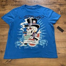 Ed Hardy T Shirt Men XL Y2K Rhinestone Punk Skull Dice Spell Out Capri Blue - £25.14 GBP