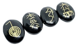 Black Tourmaline Palm Reiki Set Carved Symbol Velvet Bag Usui Gemstone H... - £11.87 GBP