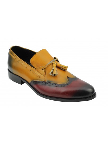Multi Color Tassel Loafer Slip On Genuine Leather Burnished Derby Toe Handmade