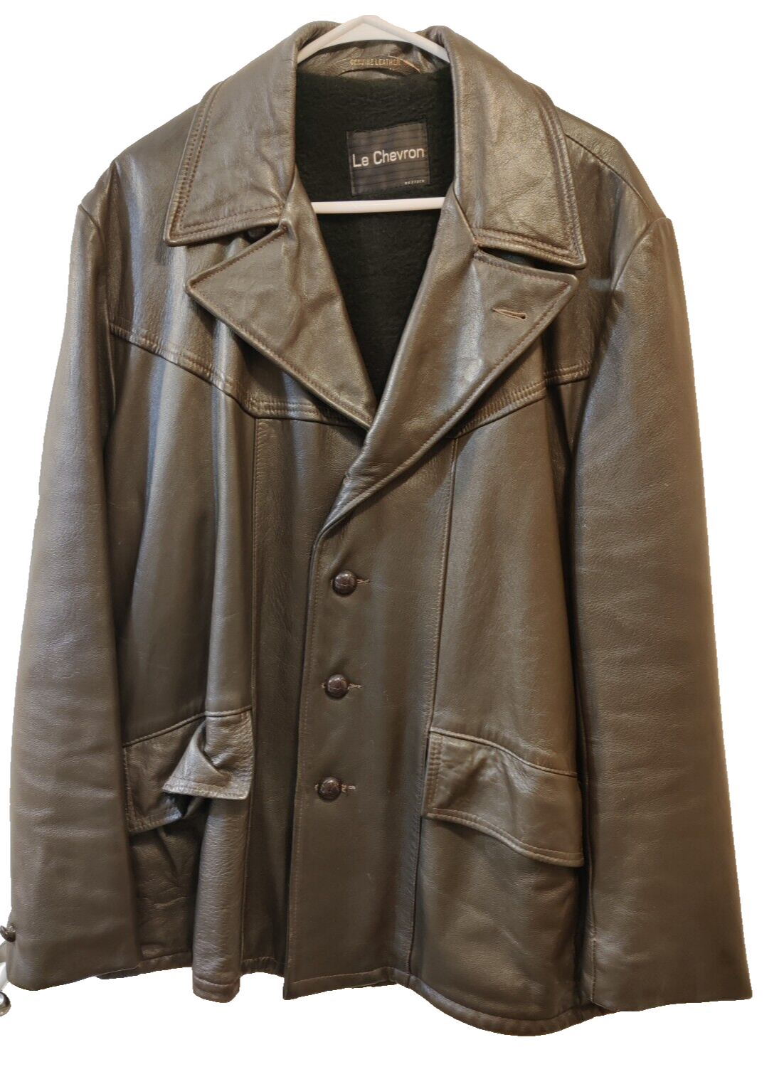 Primary image for Vintage 60s 70s Le Chevron Brown Leather Jacket Coat, Size 46-Very Cool!