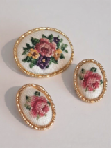 Vintage Hand Cross Stitch Flowers Pink Red Green Bouquet Brooch Pin Earrings Set - $23.08