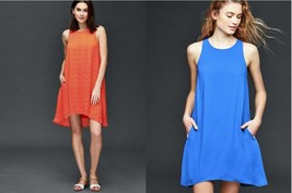 GAP Women Orange Blue Print Sleeveless Lined Racerback Pocket Swing Tank Dress S - £27.85 GBP