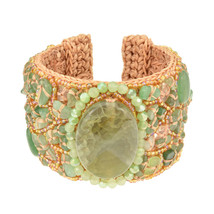 Green Enchantment Oval Stone Mix Beaded Cuff Bracelet - £22.78 GBP