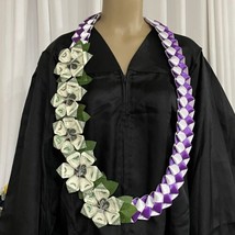 Graduation Money Lei Flower Bills Purple &amp; White Leaves Four Braided Ribbons - £60.71 GBP