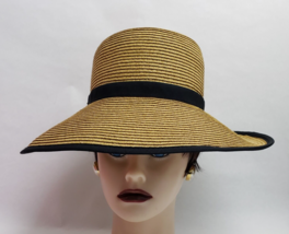 Sun N&#39; Sand French Laundry Straw Sun Beach Hat Tan Black Adjustable 4&quot; Brim - £27.02 GBP