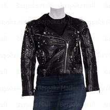 New Women Black Silver Star Studded Zipper Cowhide Motorbike Leather Jac... - $269.99