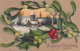 Merry Christmas Snowy Scene Holly Postcard D58 - £2.35 GBP
