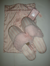 New Victoria&#39;s Secret Classic White/Pink Stripe Satin/Faux Fur Slippers L 9/10 - £23.18 GBP