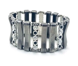 Antiqued Silver Tone Black Clear Crystal Stretch Wide Cuff Bracelet - £10.87 GBP