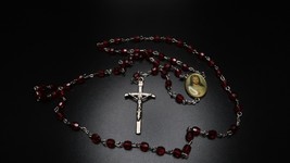 Vintage Silver Portrait Jesus Colorful Red Bead Rosary - £7.80 GBP