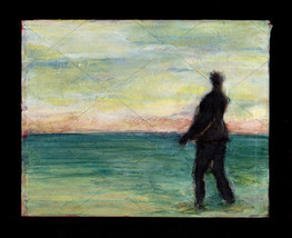 Man looks out to sea hopeful Sunset Sky SEASCAPE feet in sand FINE OIL Painting - £298.00 GBP