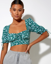 Motel Rocks Yiava Top IN Blumenmuster Feld Grün (MR52) - £16.45 GBP