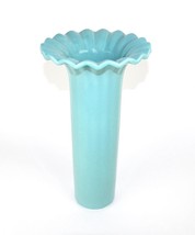 Large 1984 Haeger 15.25&quot; Tall Turquoise Teal Cylinder Fan Rim Flower Vase - 4378 - £51.83 GBP