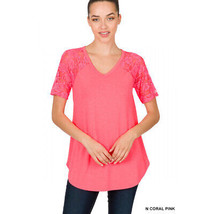 Zenana Outfitters  Lace Top T-Shirt   Womens V-Neck Short Sleeve Round Hem Pink - £17.43 GBP