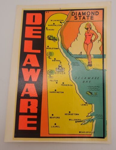Delaware Diamond State Pin Up Girl Vintage Original Travel Water Transfe... - $22.57