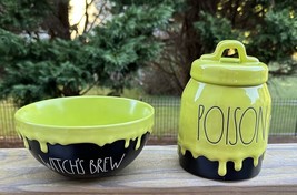 Rae Dunn Halloween Poison Black Green Drip Canister Jar &amp; Witch’s Brew Bowl New - $42.99