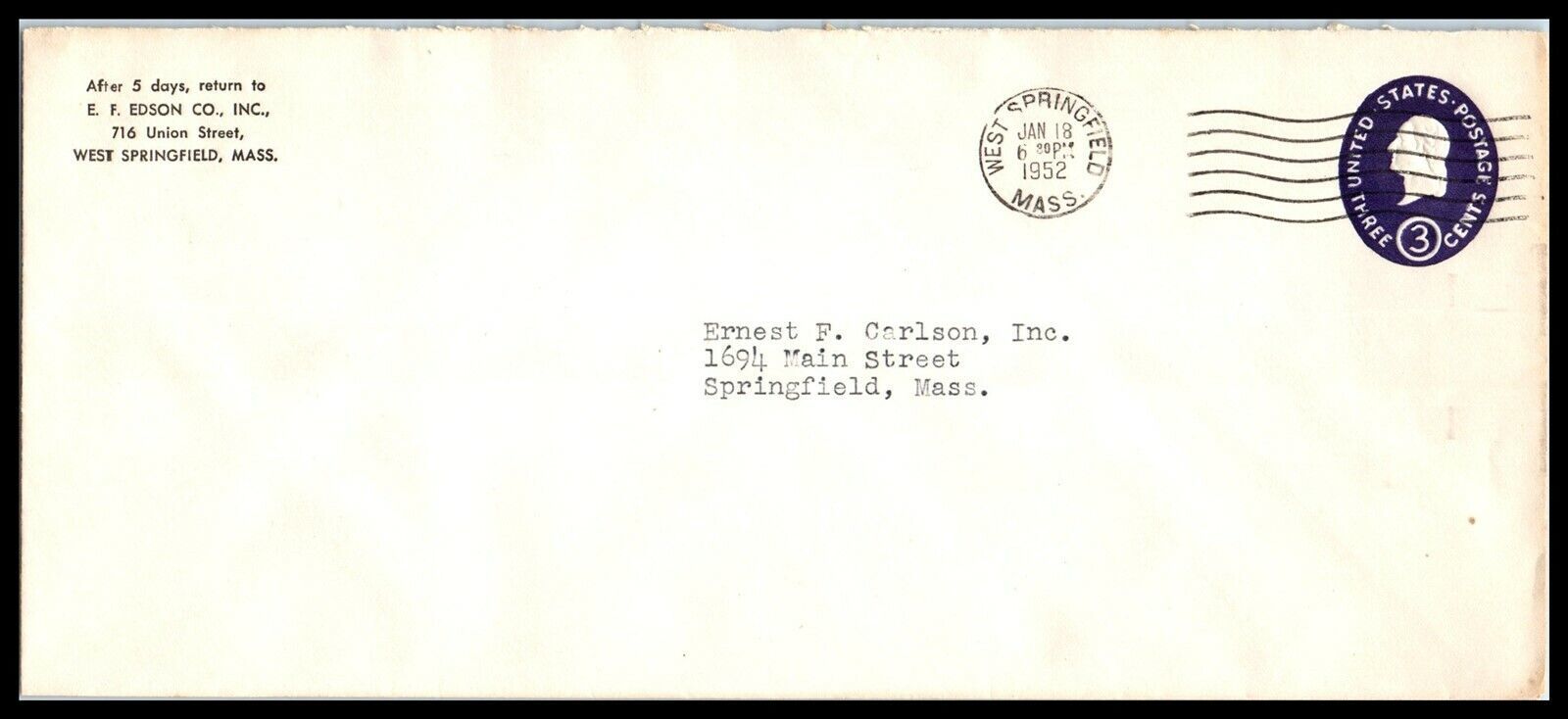 Primary image for 1952 US Cover - EF Edson Co, West Springfield, Massachusetts D9
