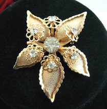 Pin Flower Brooch Vintage Rhinestone Goldtone Three Levels Cut Out Petals - £13.57 GBP