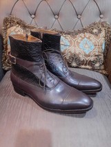 Handmade Men&#39;s Brown Cowhide Leather Two Tone Chisel Cap Toe Lace up Ank... - $148.49+
