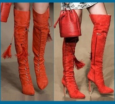 Tall Russet Suede Leather Lace Up Stiletto High Heel Zip Up Over The Knee Boots image 1
