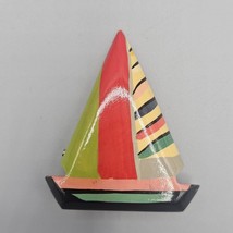 Vtg Hand Painted Wooden Sailboat Brooch Pin Bright Colors Striped Summer... - $19.99