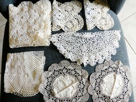 DOILY DOILIES Lot 7 VINTAGE Most Handmade Crochet Var Sizes, Shapes, Col... - $38.99